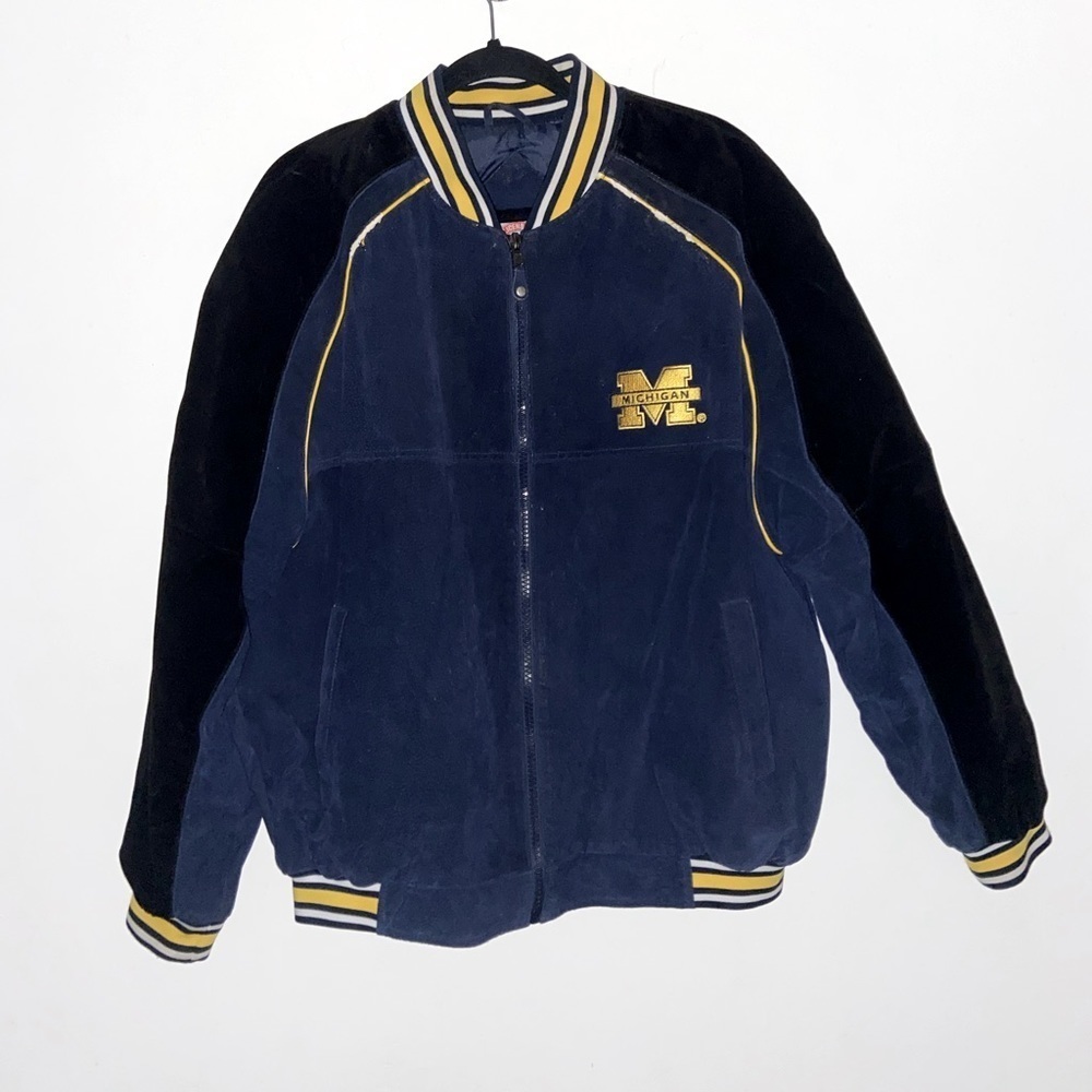 Michigan Suede Leather Varsity / Letterman / Bomber Jacket Blue/Yellow/Black L‌‍
